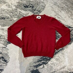 Joseph Abboud Sweater Mens Medium Red Merino Wool Tight Knit Ribbed Trim V Neck